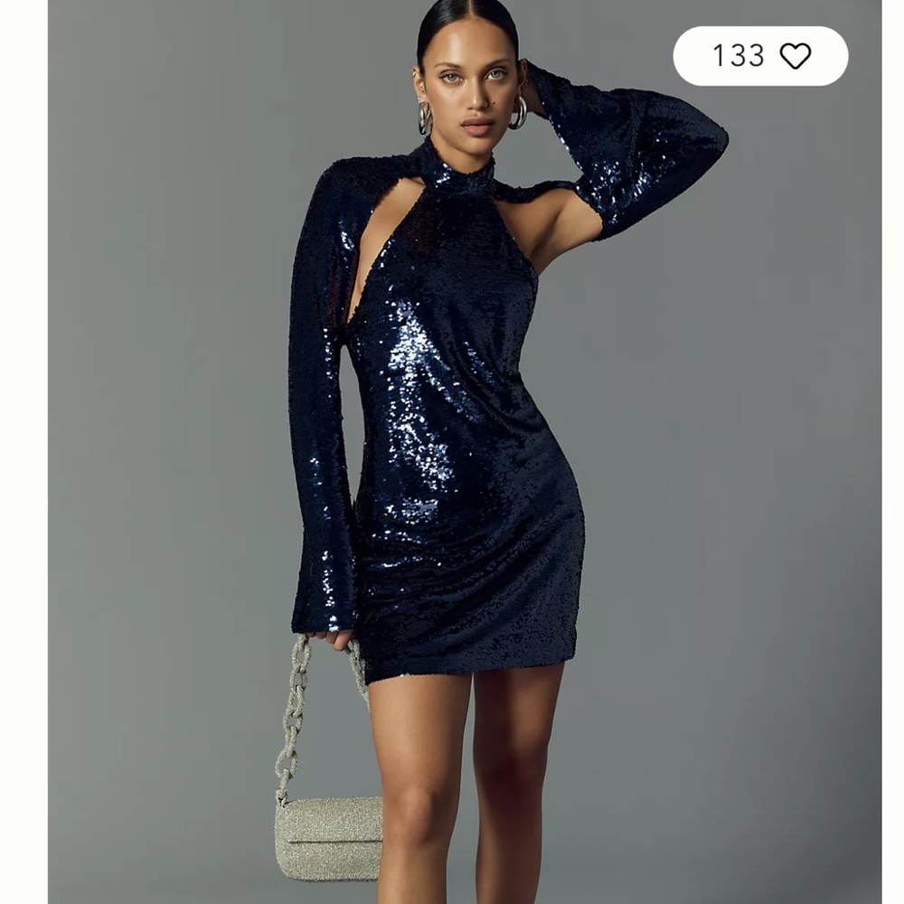 SABINA MUSÁYEV Arena Halter Sequin Cutout Mini Dress in Blue New With Tags Small